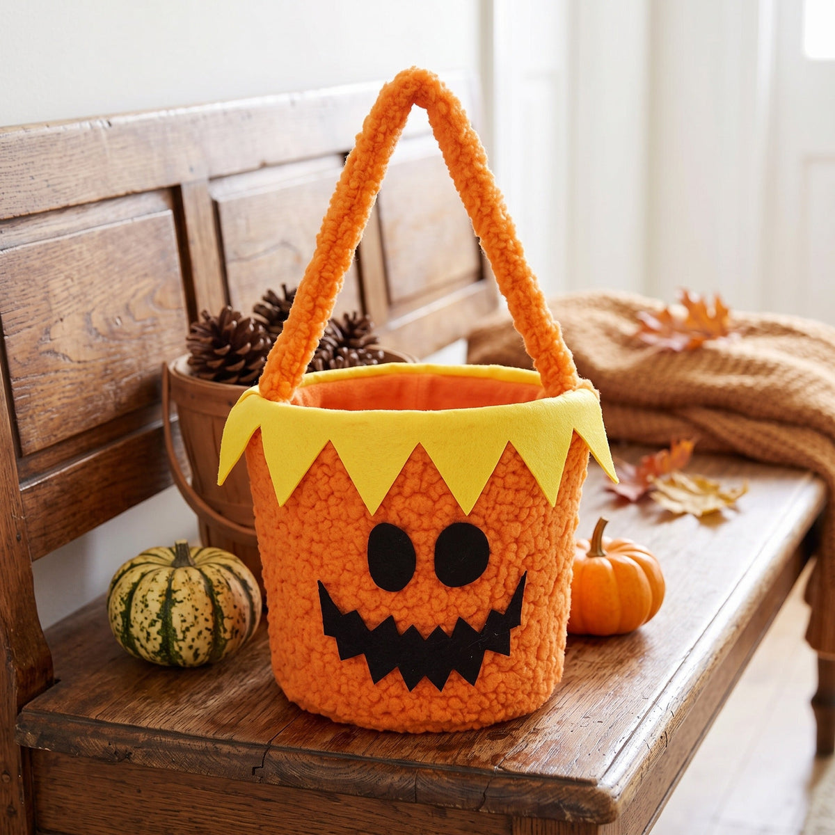 Halloween – Panier à bonbons d’Halloween en peluche, visage citrouille