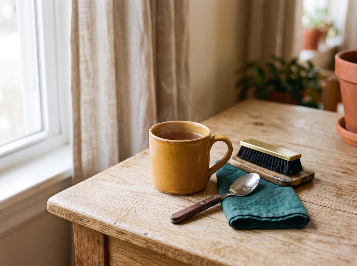 Tasse, cuillère et brosse sur une table en bois près d’une fenêtre